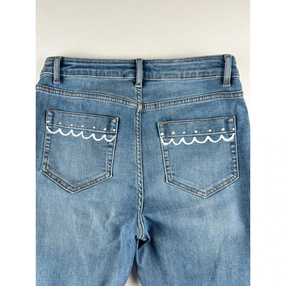 J.jill high rise flare jeans glitter love you to the moon Sz 6 artsy faded Sz 30